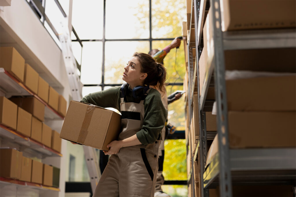 an employee restocking boxes of inventory on a shelving rack